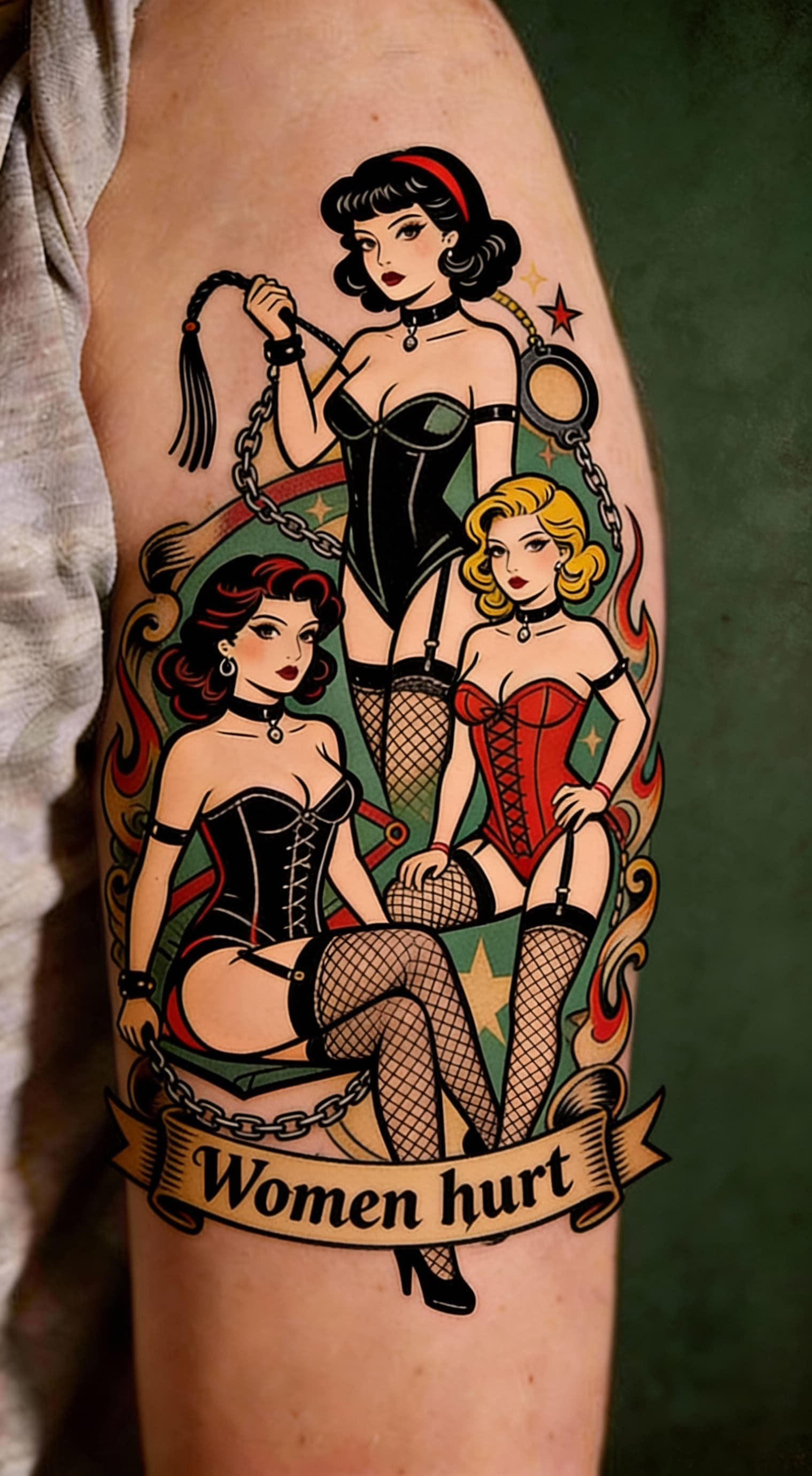 AI generated: add an old school tattoo style banner with the inscription "Women hurt"

