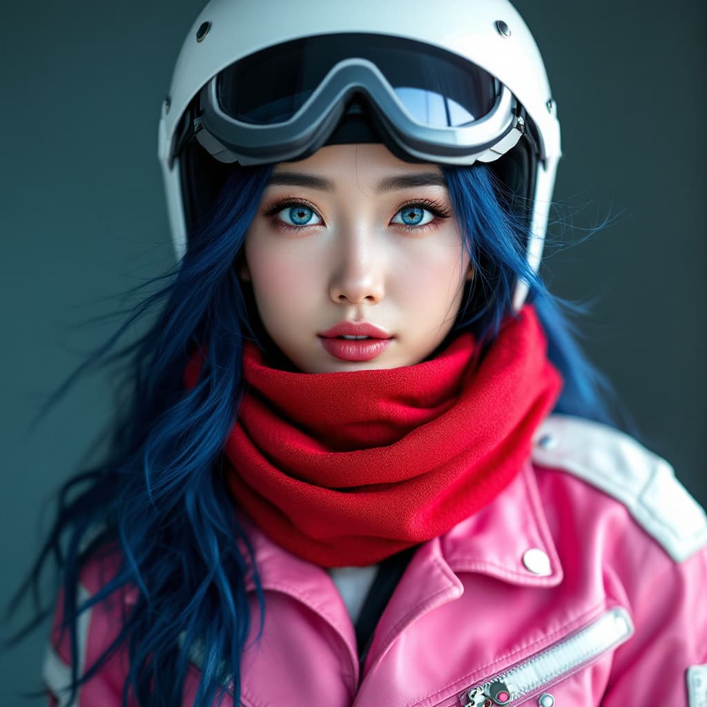 AI generated: a Japanese women, FULL BODY IMAGE. Standing facing the viewer, a woman with flowing locks of Blue Ha...