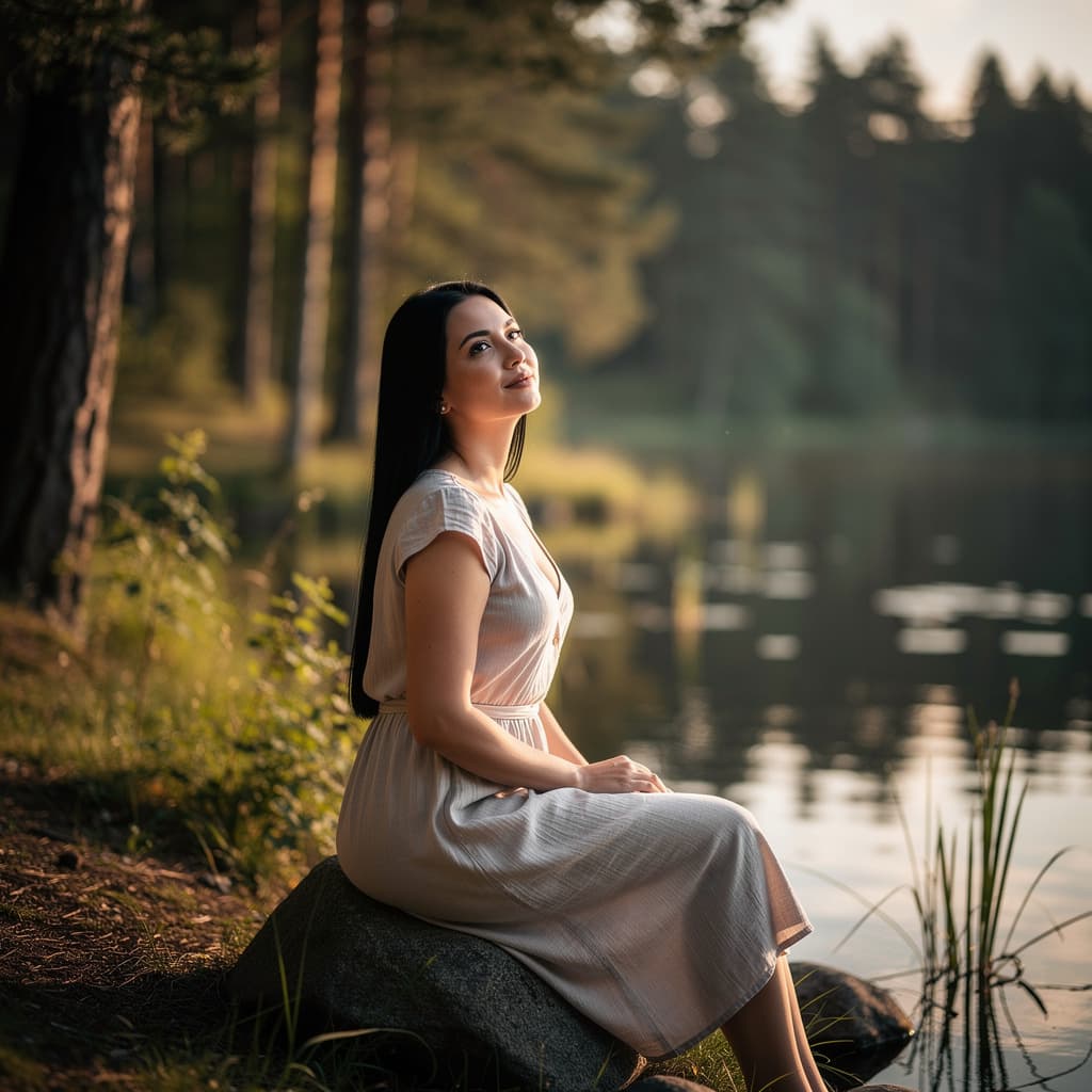 AI generated: ((hyper realistic)), 4k, (ultra-detail micro textures), fully naked, in a forest near a natural lake...