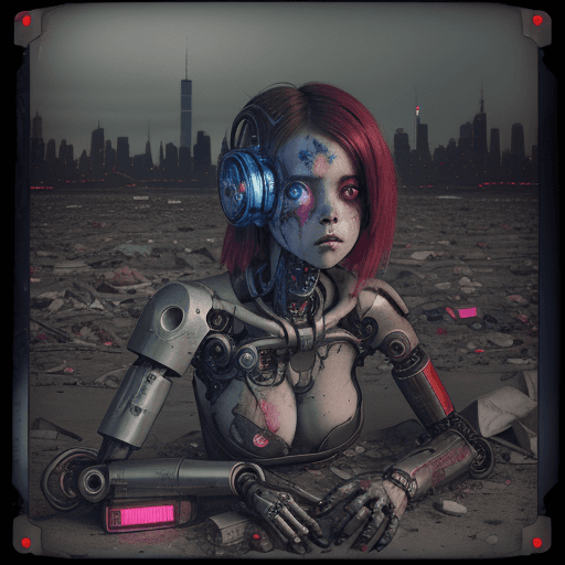 AI generated: Photo of a broken ruined cyborg girl in a landfill, robot, body is broken with scares and holes, lay...