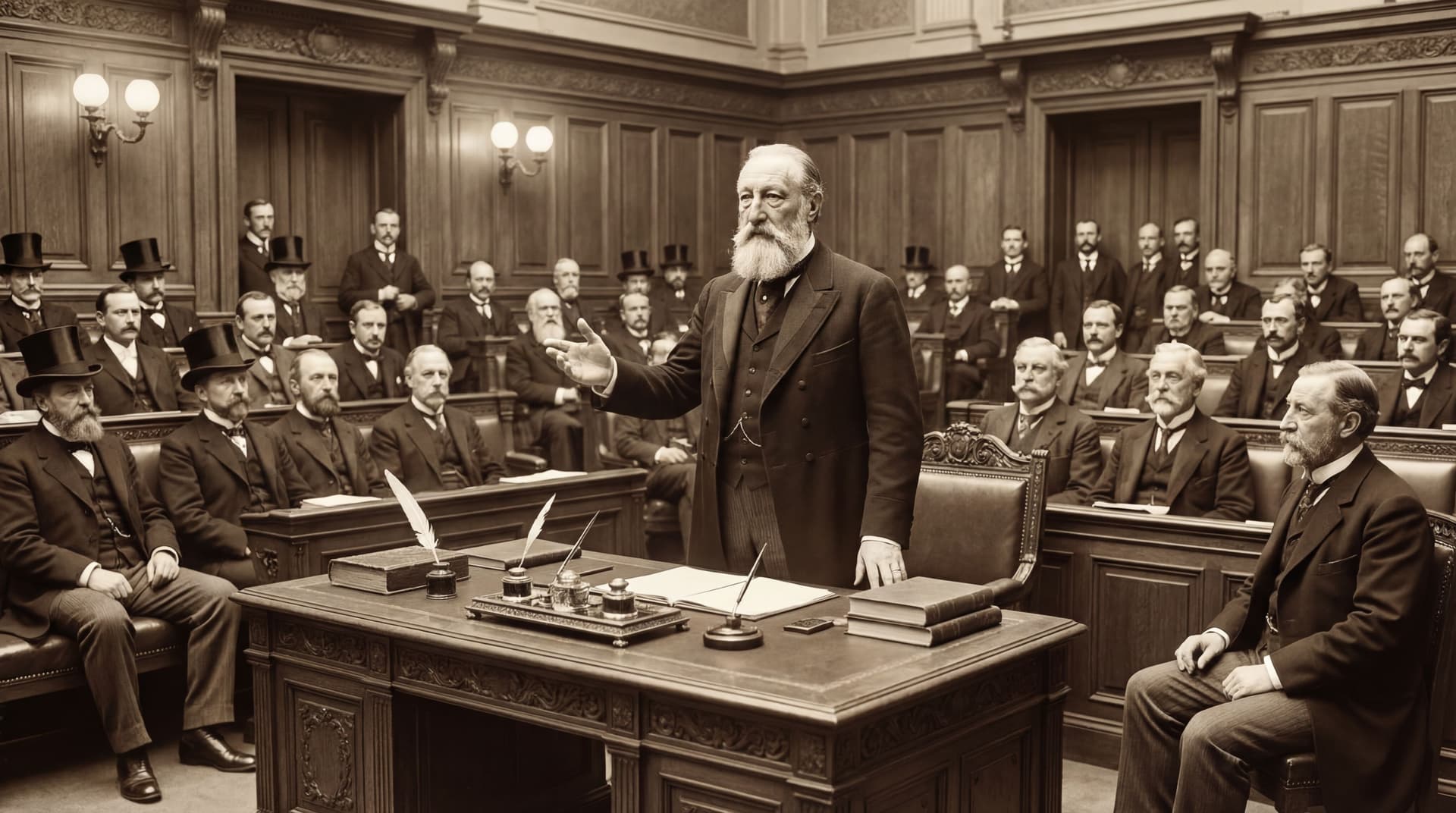 AI generated: Show him 1895 parliament in Belgium giving a talk. People in background sited wearing clothing with ...