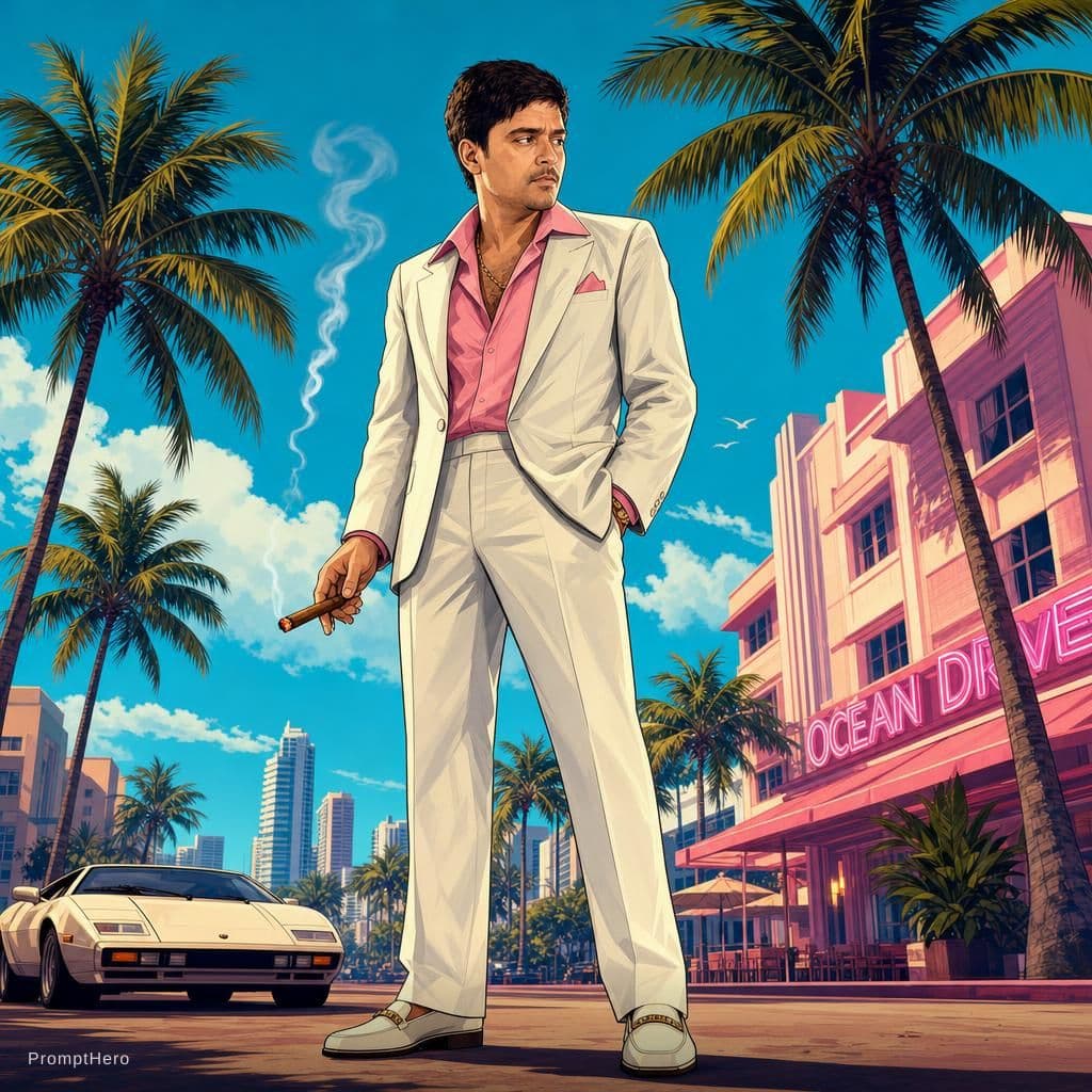 AI generated: Full-body illustration of Al Pacino in a stylized 1980s Miami setting. He's wearing a pink wide-coll...