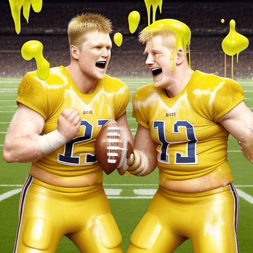 AI generated: tom Brady and jj watt, laughing, sweaty, in football uniform throwing custard pies at each other. th...