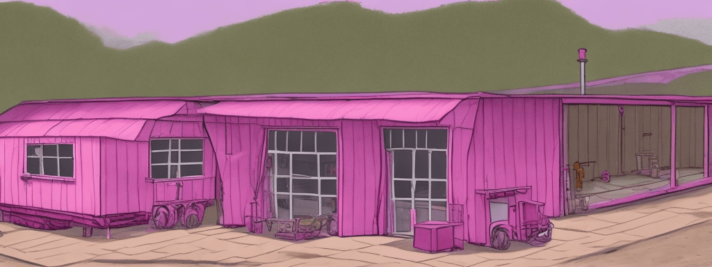 AI generated:  draw a warehouse called Pink depot, in front of an old model walkswagen caravan on the pink depot a...