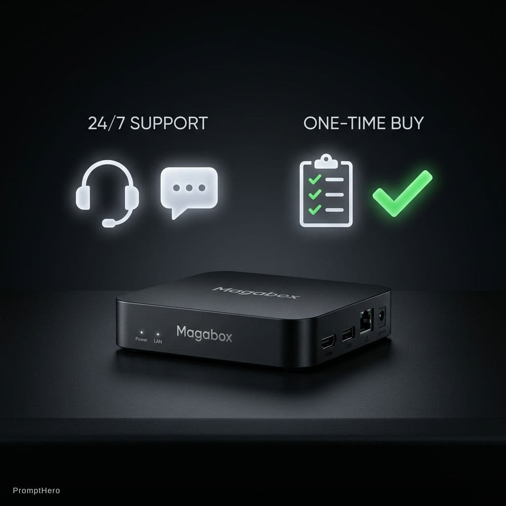 AI generated: Minimalist studio shot 16:9 – premium black IPTV box "Magabox" centered on dark surface with soft sp...