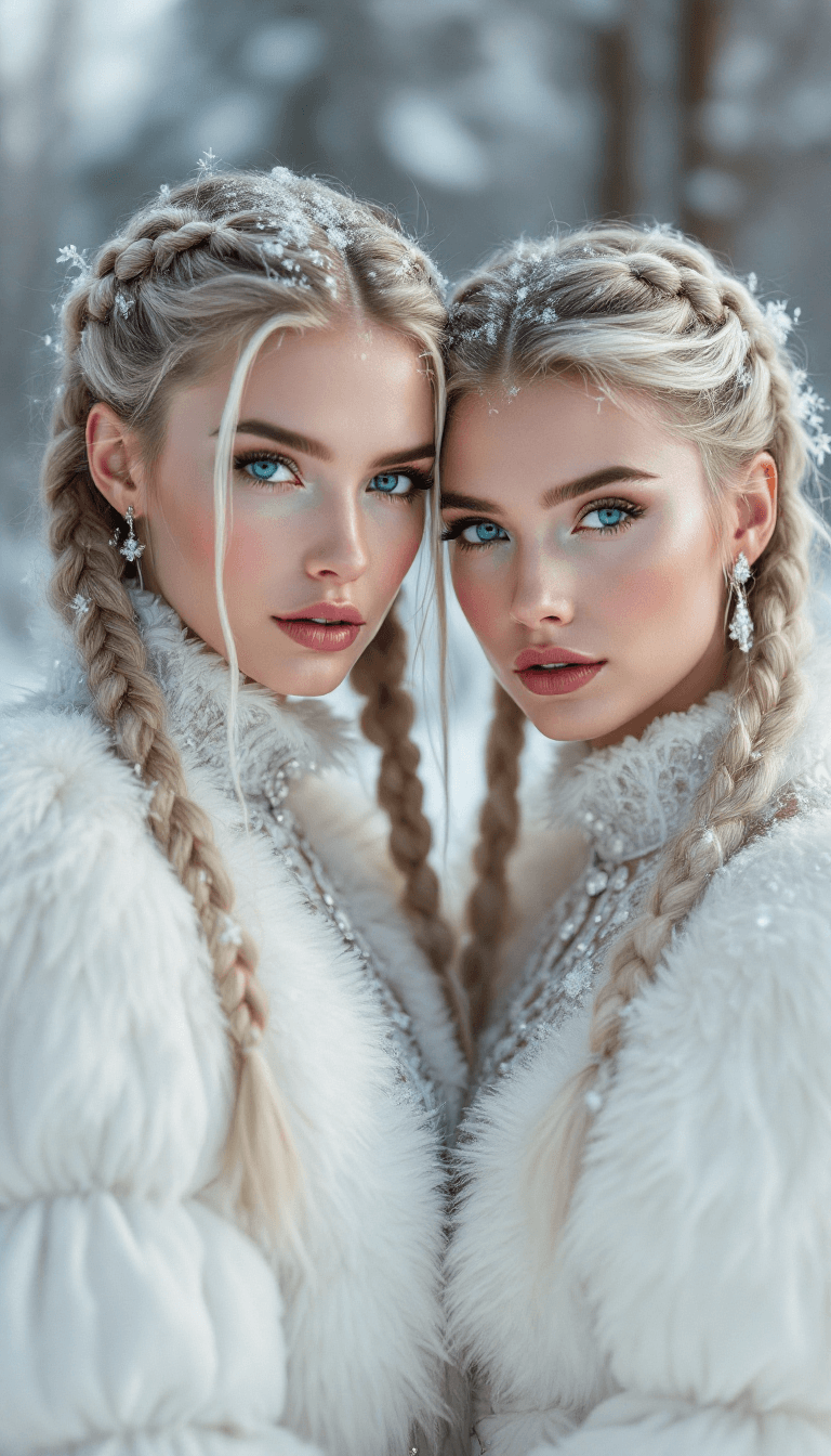 AI generated: fashion photoshoot of 2 Siberian women with braided hair, wearing a white haute couture puffy dress,...