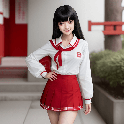 AI generated:  black hair with choppy bangs, Japanese young beauty smiling thin girl wearing red skirt with two re...