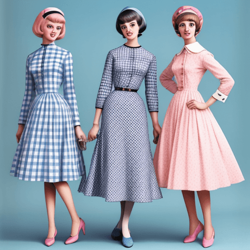 AI generated: A vintage fashion magazine page featuring three women wearing simple blue and pink checkered, stripe...