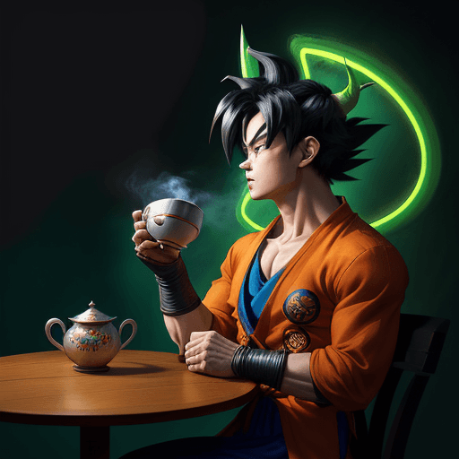 AI generated: a goku sitting at a table with a cup of tea, by Ross Tran, fantasy art, green neon, with horns, artw...