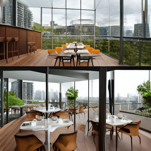 AI generated: Hyper realistic eye level interior photo of a rooftop modern fine dining restaurant with a mezzanine...
