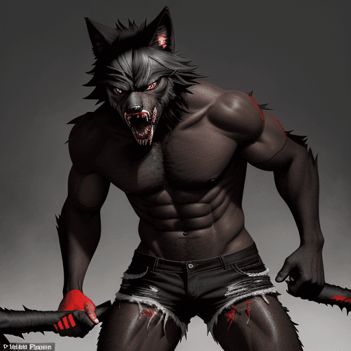 AI generated: a were wolf ebony man covered in black fur wear a torn red and black stripe t-shirt and dean jean sh...