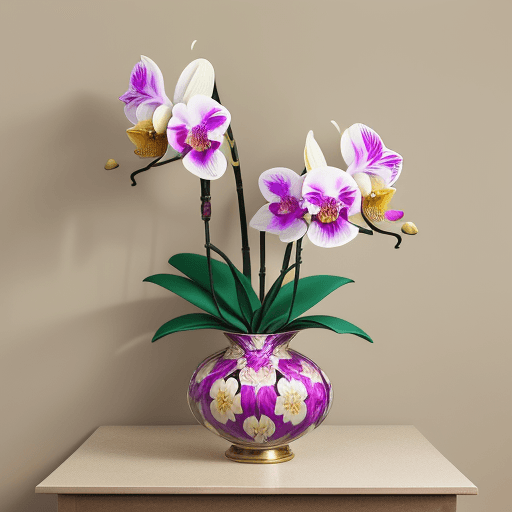 AI generated: wide angle photograph of a large and bountiful orchid and wild blossoms arrangement being displayed:...