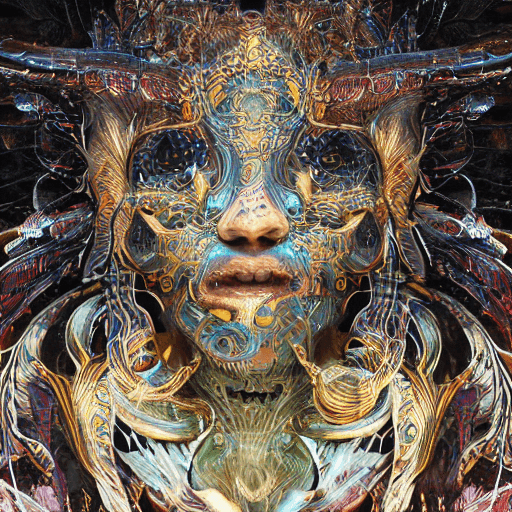 AI generated: goddess close-up portrait ribcagel. jellyfish phoenix head, nautilus, orchid, skull, betta fish, bio...