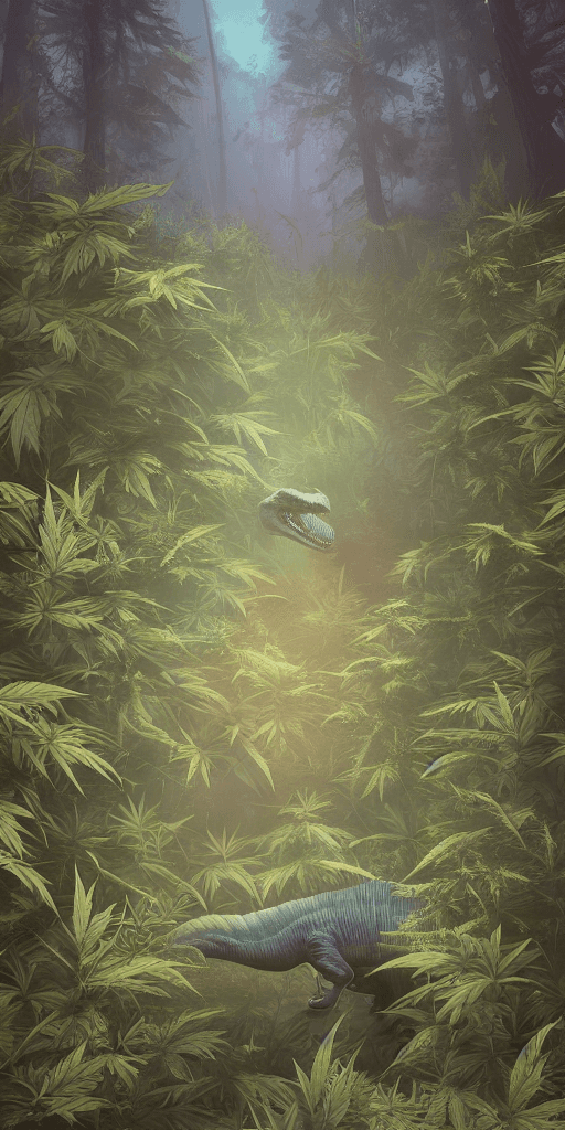 AI generated: beautiful aesthetic digital illustration of a relaxed dinosaur surrounded by an endless forest of we...