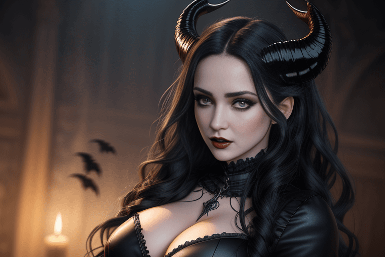 AI generated: Portrait of a beautiful woman, she has long black wavy hair, long curly horns, a bony face, scaly sk...