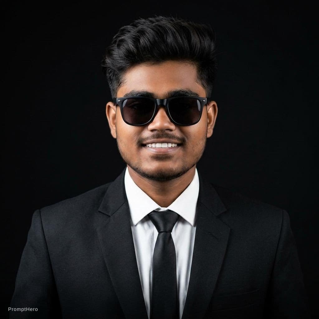 AI generated: A professional portrait of a young man wearing a black suit and sunglasses, studio lighting, dark bl...