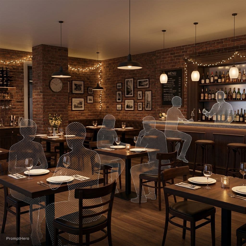 AI generated: Remove all visible people in the restaurant scene and replace them with minimalist human silhouettes...
