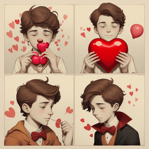 AI generated: a poster depicts a boy holding a heart shaped balloon, in the style of sketchfab, poodlepunk, warm t...