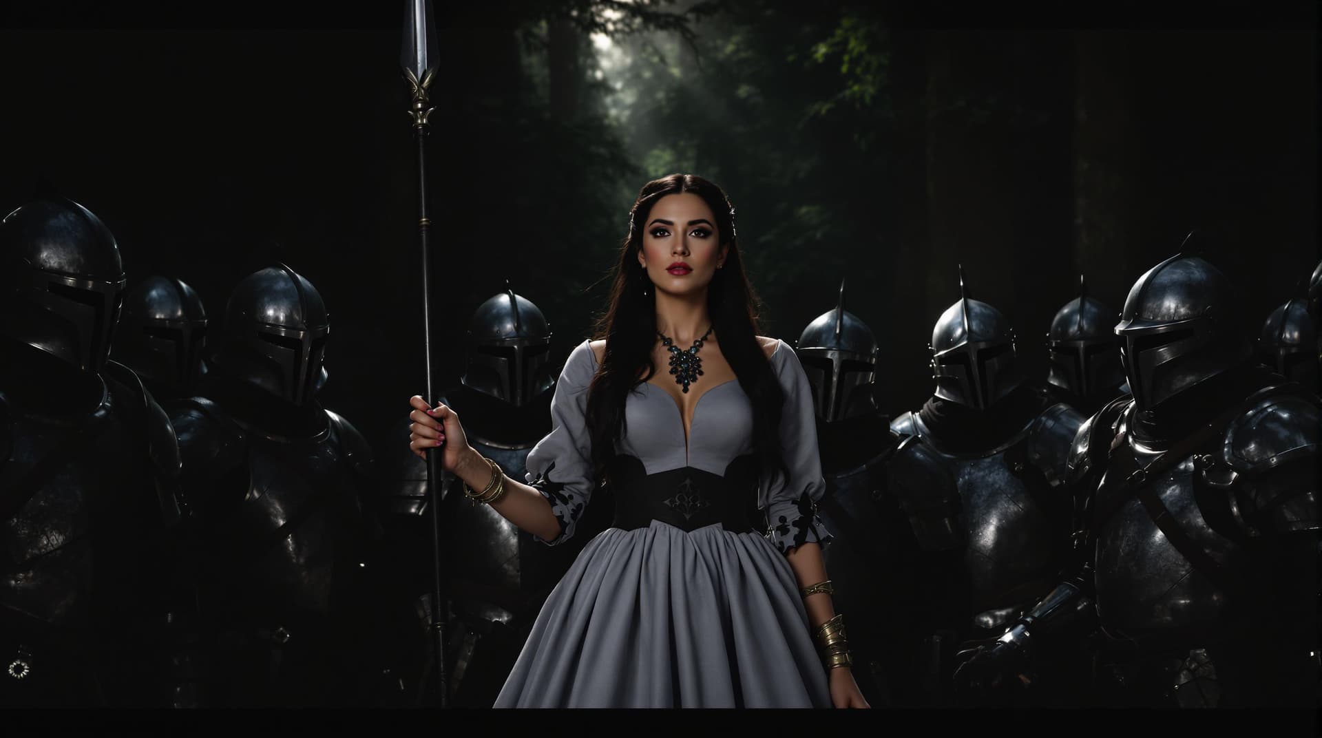 AI generated: a woman in a gray dress standing in a forest surrounded by armored soldiers. The woman has long dark...