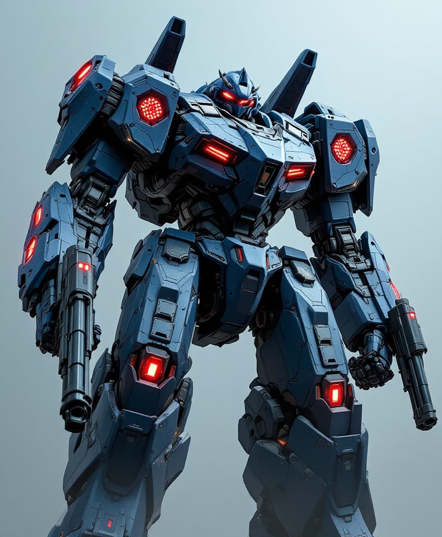 AI generated: giant blue mech robot with red lights on its armor, equipped with a powerful gun in each hand, impos...