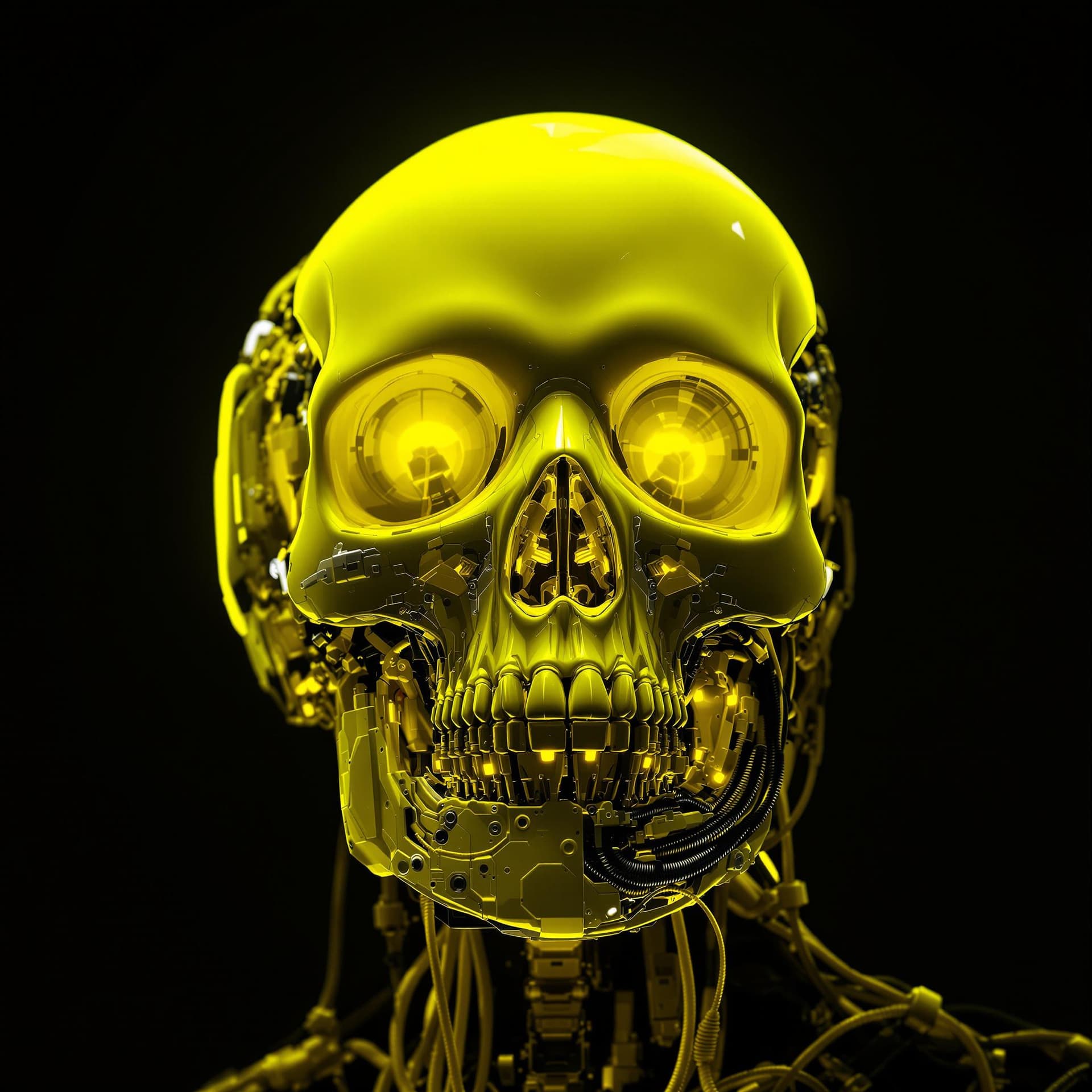 AI generated: highly detailed image of a yellow fluorescence color cybernetic skull, combining elements of both or...