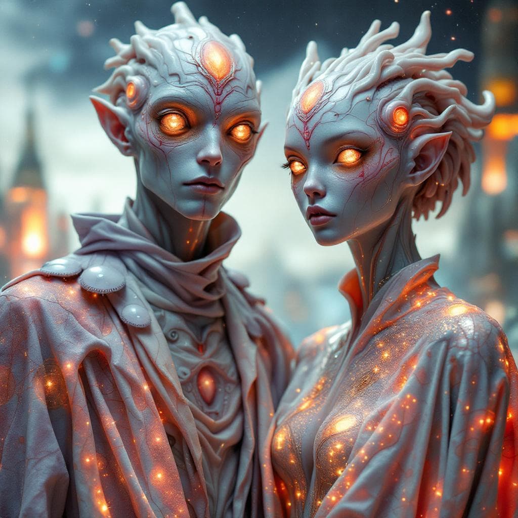 AI generated: Create a unique, flesh, organic, species, Male and Female. Otherworldly human figures with iridescen...