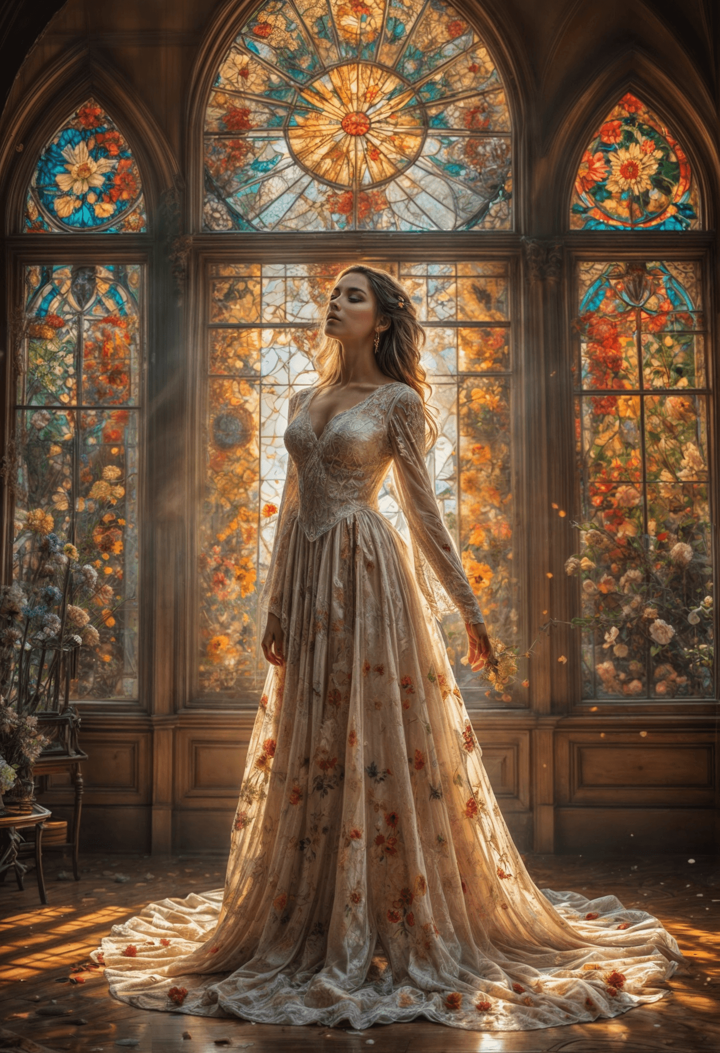 AI generated: Inside a grand, sun-filled ballroom overrun by nature, a woman stands amid a burst of colorful flowe...