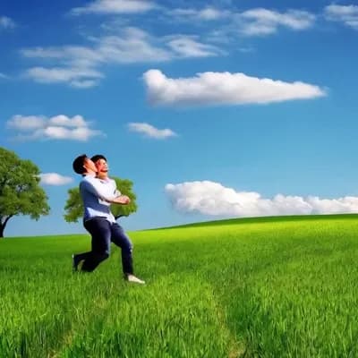 AI generated video: A young beautiful couple in love are chaising eachother in a green field  on a sunny day. There is a...