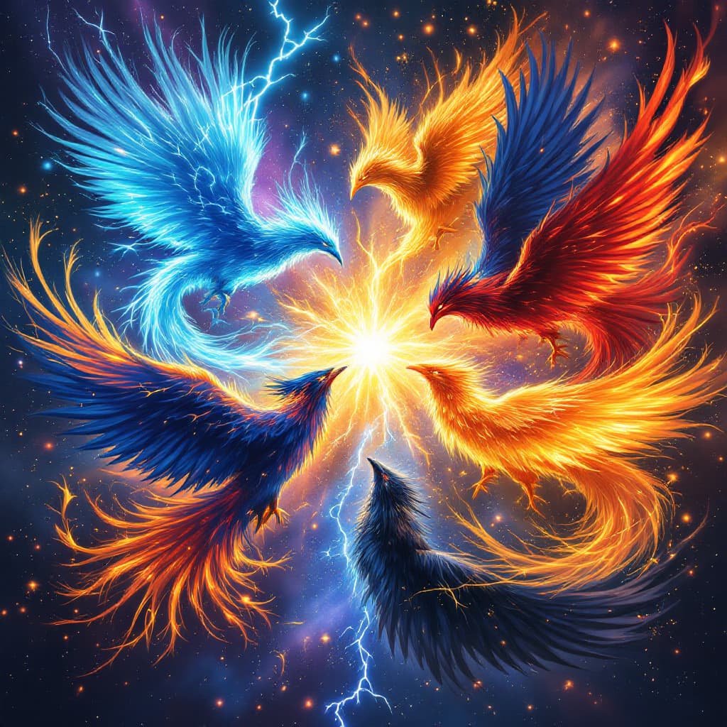 AI generated: 5 elemental phoenixes clashing and mixing their powers in a vibrant aesthetic explosion as they're a...