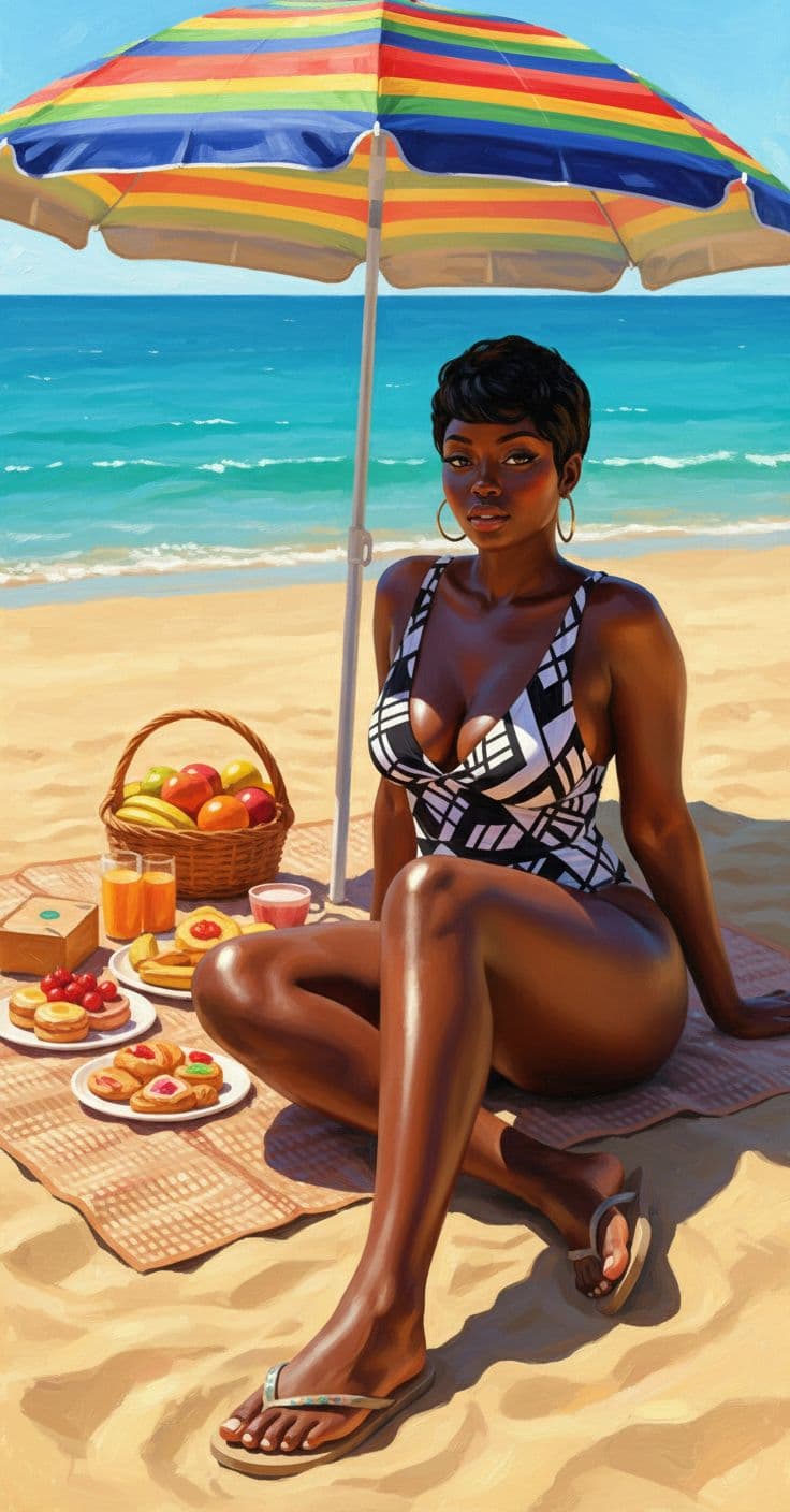 AI generated: A hyper-realistic and surreal digital oil painting depicts a radiant African American woman with smo...