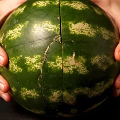 AI generated video: "A hyper-realistic smartphone video of a watermelon splitting open in half. The inside is extremely ...