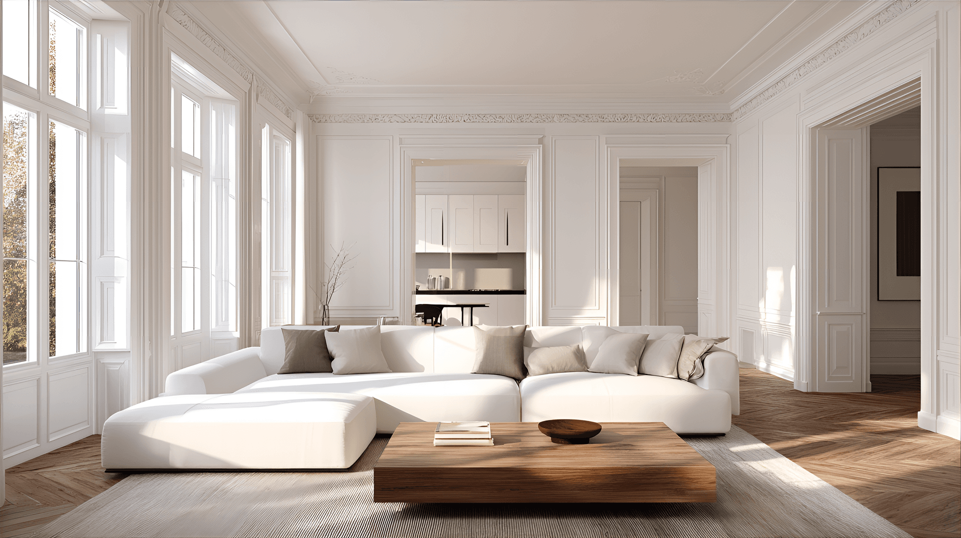 AI generated: Spacious, sun-drenched living room, minimalist interior design,  large windows, white walls, light-t...