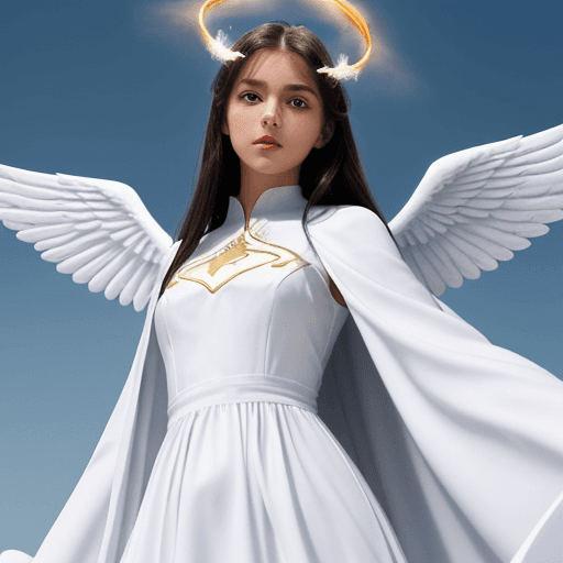 AI generated: A girl dressed in white clothes, the dress has many details such as long sleeves, a white cape also ...