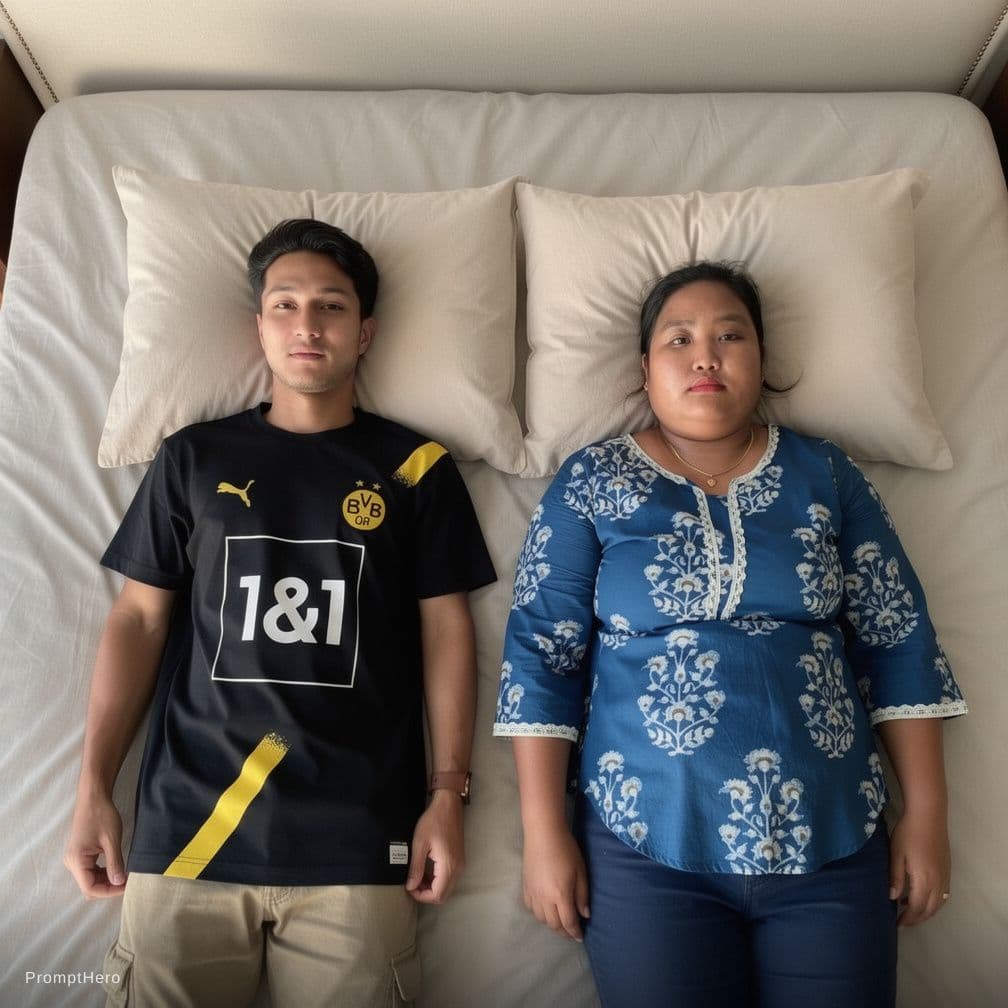 AI generated: Merge the two photo into one frame lying on bed 
