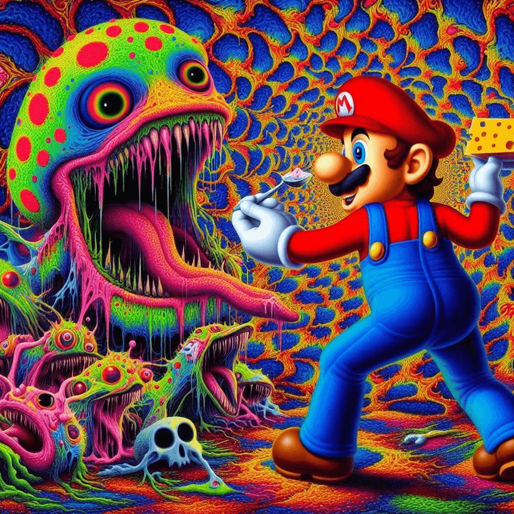AI generated: Psychedelic disco photo of Mario feeding moldy cheese to the world's ugliest painting