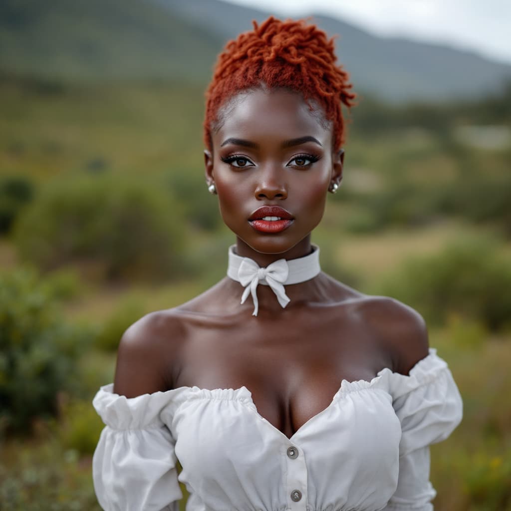 AI generated: RAW photo, a beatiful black african woman looking at the camera, red hairs, full body, landscape, sm...