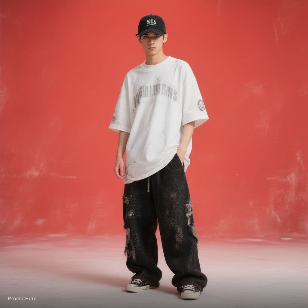 AI generated: capturing a casual yet stylish vibe, a figure in a loose, oversized black street wearing and wide-le...