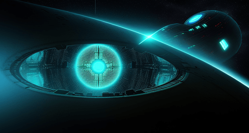 AI generated: sci-fi bild, schwebene kugel mit großer linse, 