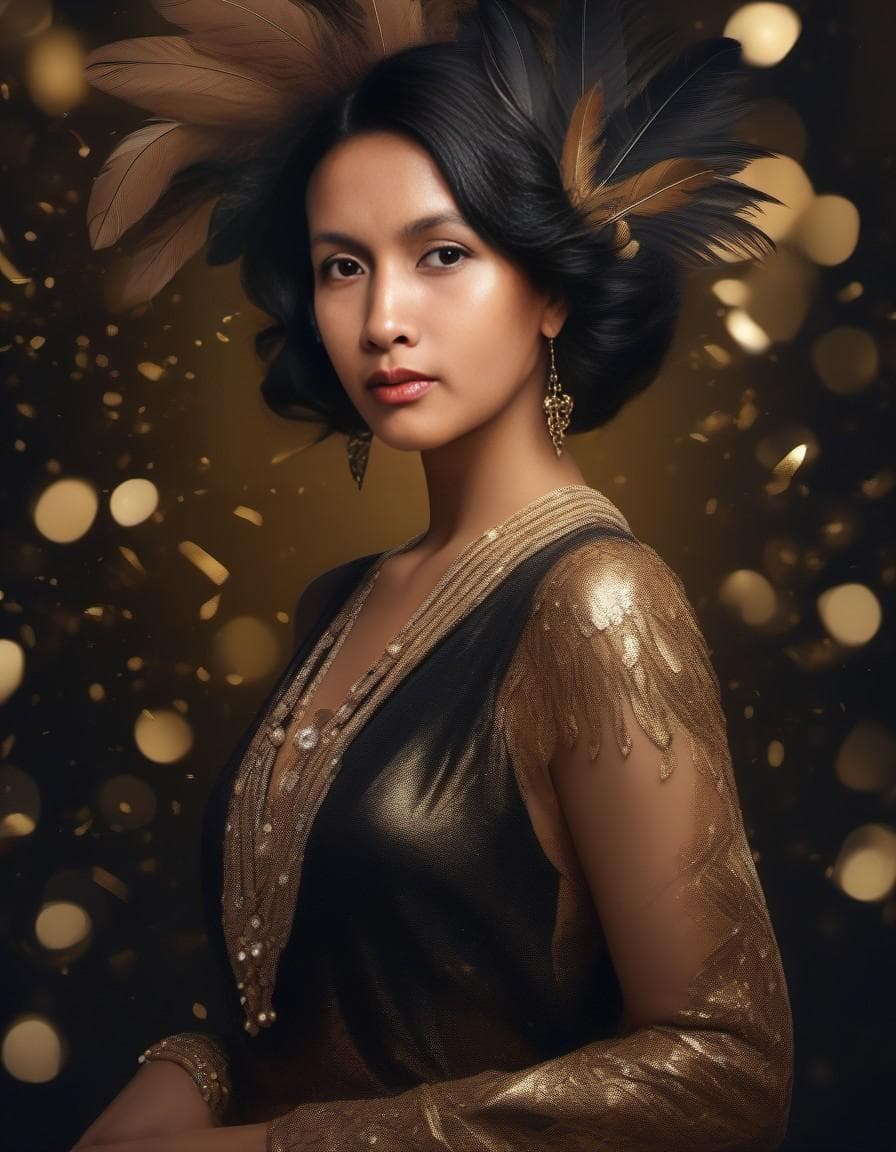 AI generated: wide shot character portrait, gorgeous socialite, pretty woman, 1920s style Gatsby party, art nouvea...