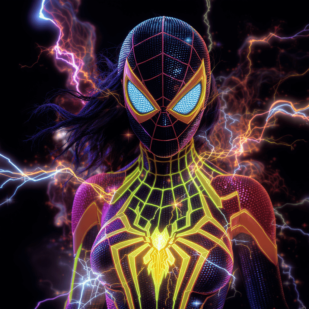 AI generated: Spiderwoman with Power to change reality, neon lights on costume, neon glowing, ultra realistic, 8k,...