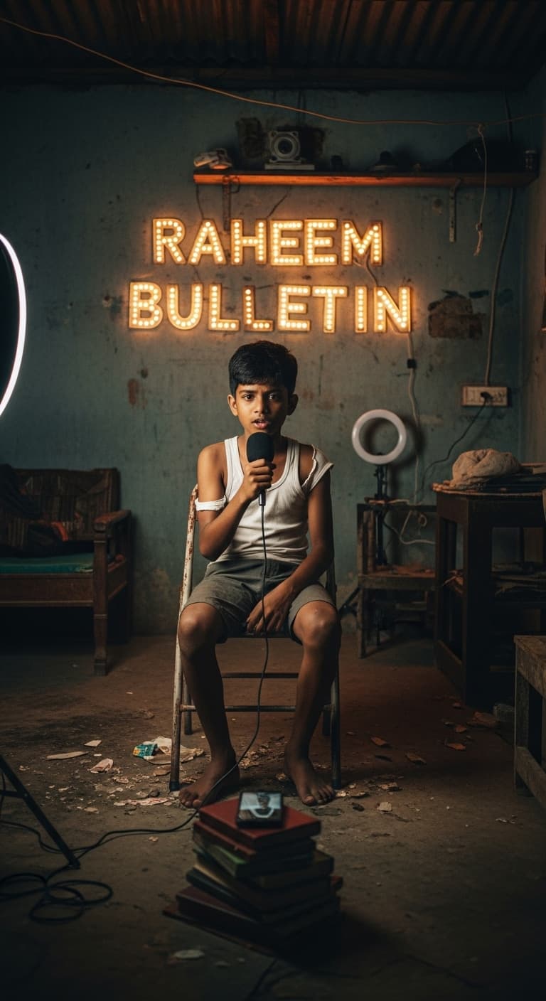 AI generated: A young, underprivileged boy sits on a basic, slightly rusty chair in the middle of a dimly lit, clu...
