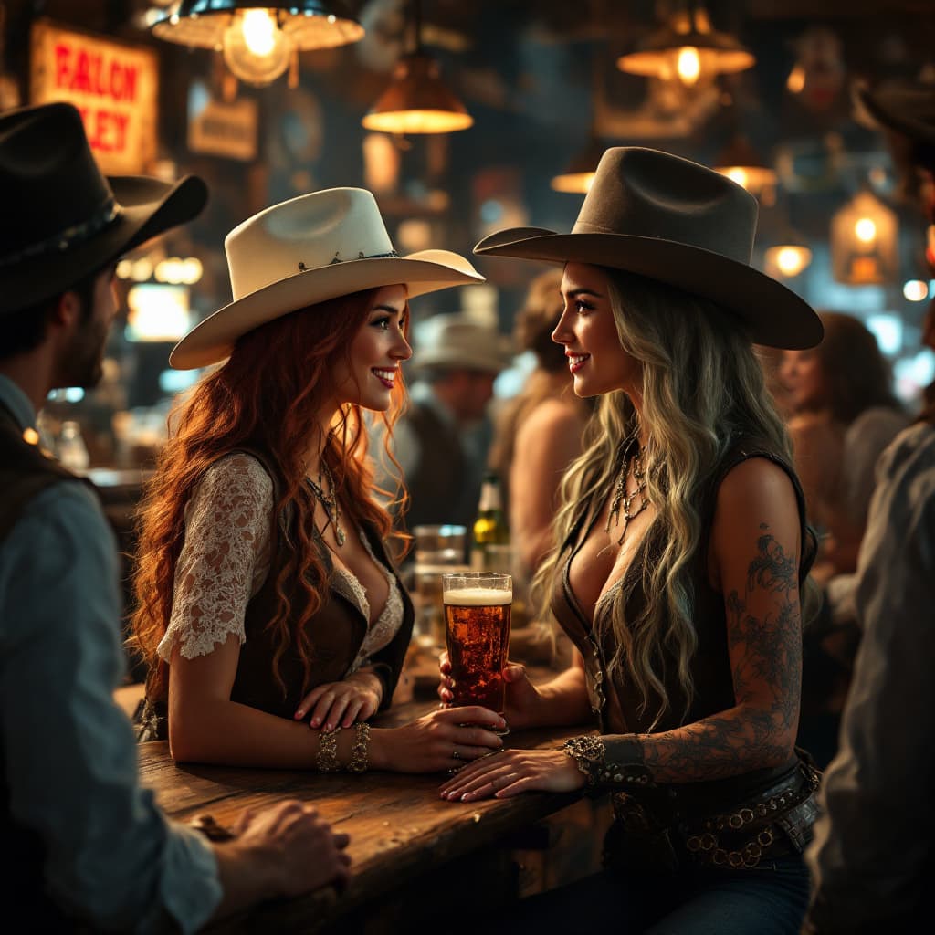 AI generated: Vibrant Old West saloon filled with lively patrons and charismatic  western style female waitresses,...