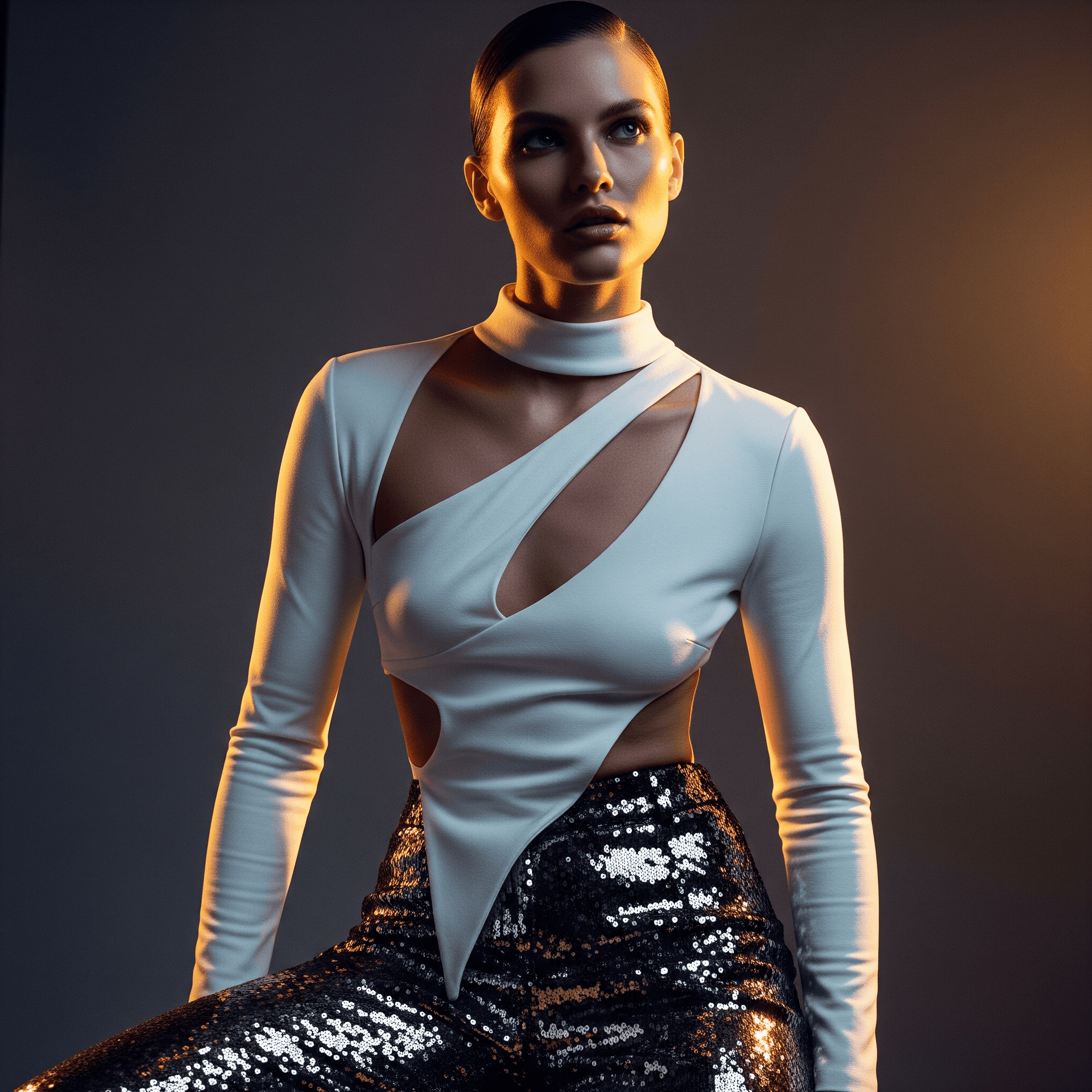 AI generated: High-fashion portrait of a female model wearing a sleek, long-sleeved white top with modern cut-outs...
