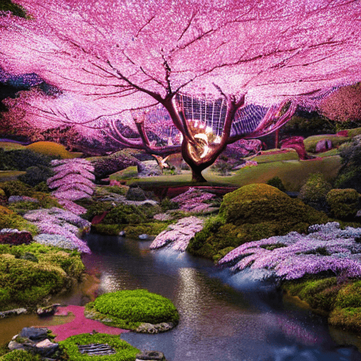 AI generated: vast fantasy landscape with a giant cherry blossom tree, a suspended village is built on the tree, l...
