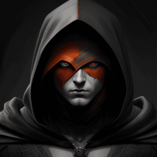 AI generated: a man with red eyes in a hood, in the style of detailed penciling, raphael lacoste, dark silver and ...