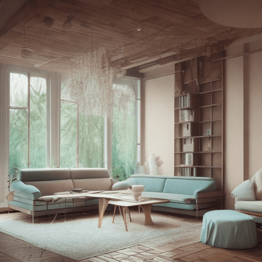 AI generated: High resolution photography interior design, dreamy sunken living room conversation pit, wooden floo...