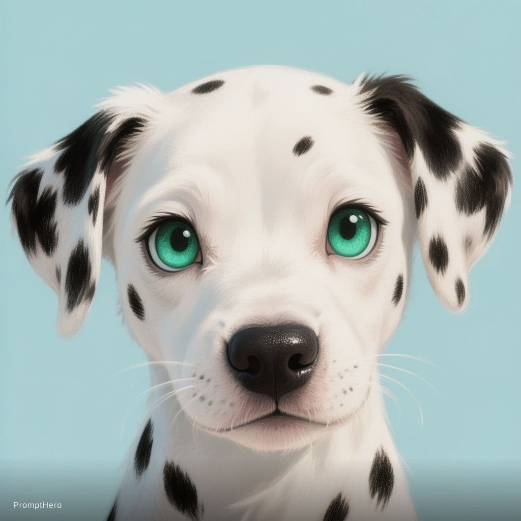 AI generated: illustration, dollish dalmatian dog face, emerald light cyan eye, simplify, expressive eyes and a pl...