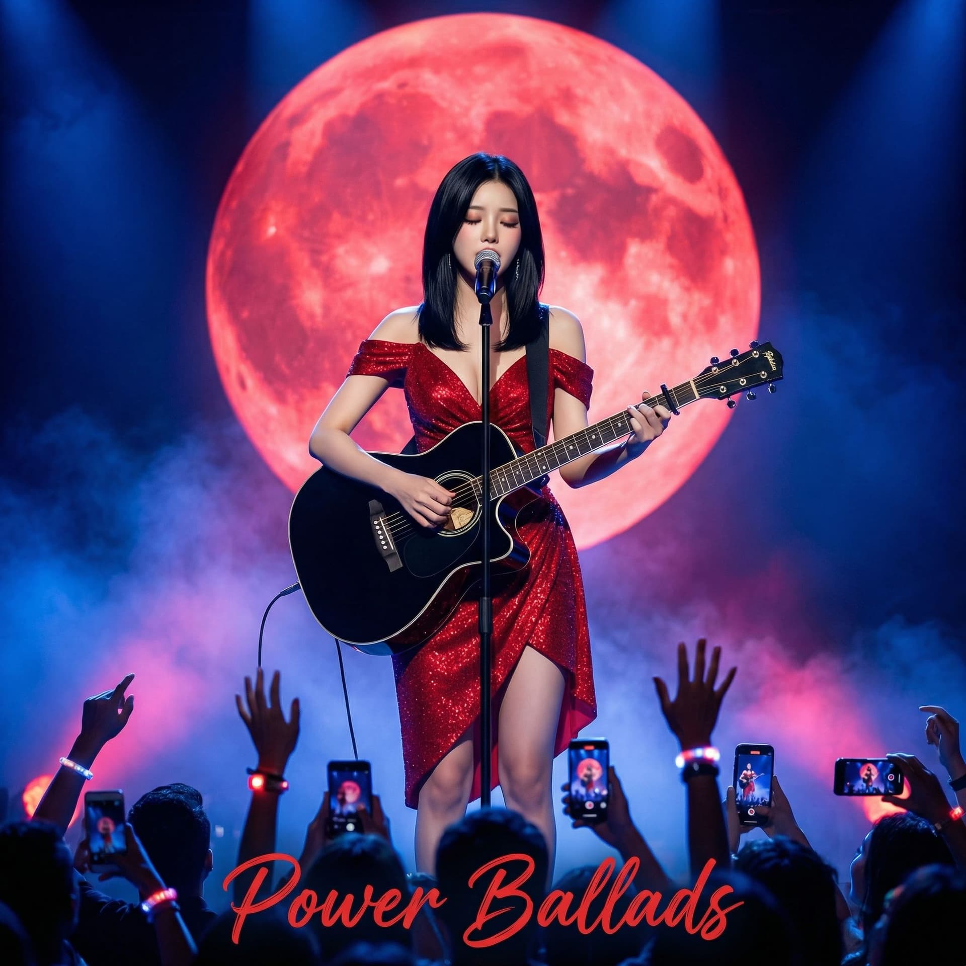 AI generated: - Performer: From the picture provided Female musician with straight black hair, wearing a red off-t...