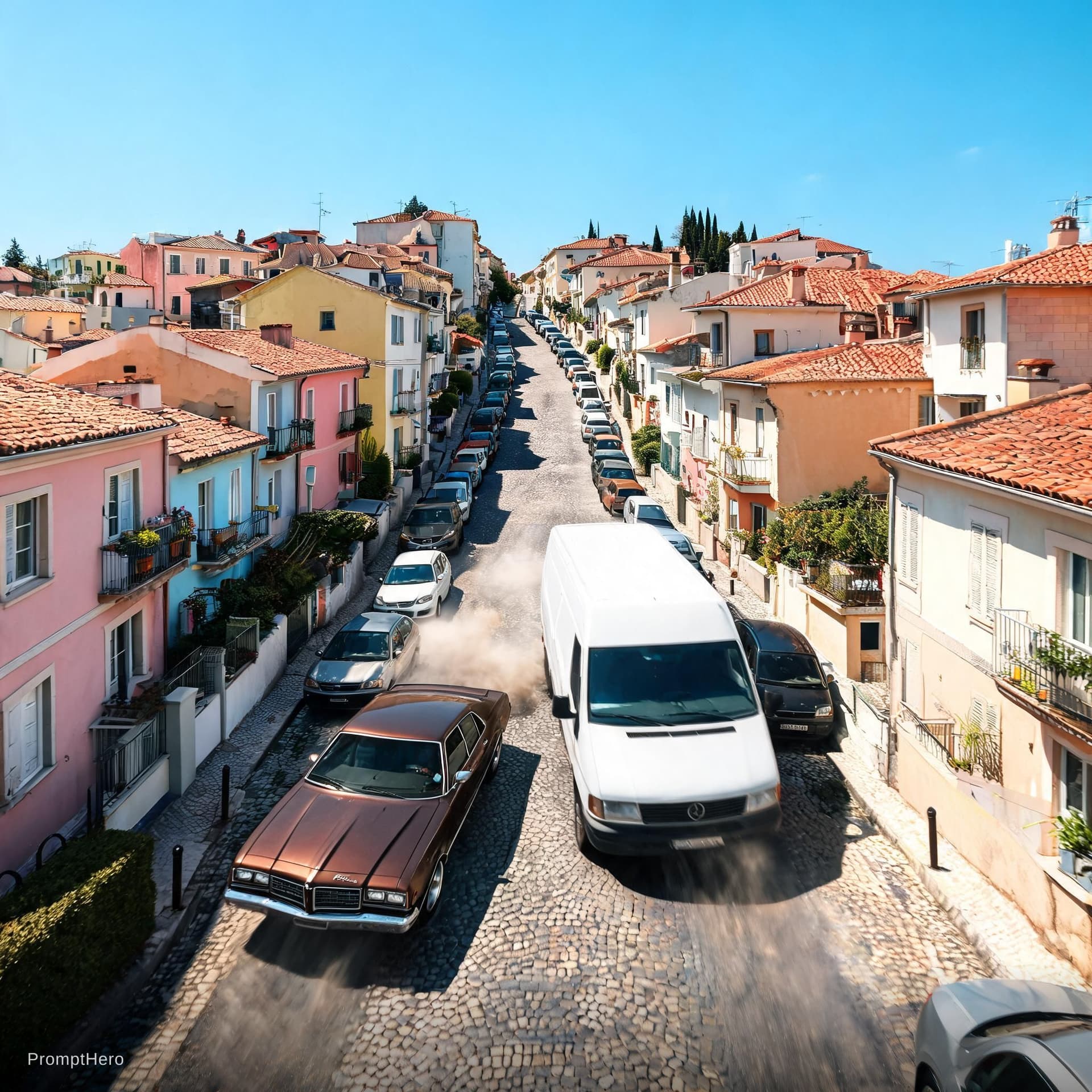 AI generated: Aerial view of a high-speed car chase in broad daylight, a 1970 Ford Gran Torino with dark brown met...