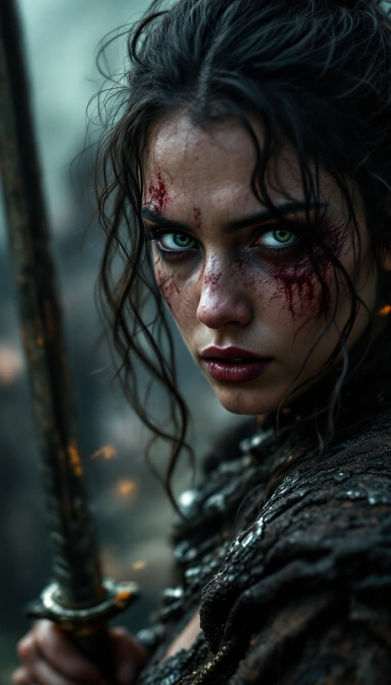 AI generated: high-resolution photograph, woman, ugly scar in the face, exposed body,  dramatic scene of old war, ...